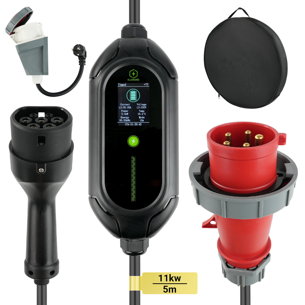KLARGRID Mobile Wallbox/Ladestation 11kw [3-phasig|5m/7m|6-16A] mit Einstellbarer Ladeleistung, Ladekabel CEE 16A auf Typ 2 und EV Ladegerät für Model Y/3, ID.3/4/5, MG4, EX30, e-up, e-tron, Zoe und andere EV