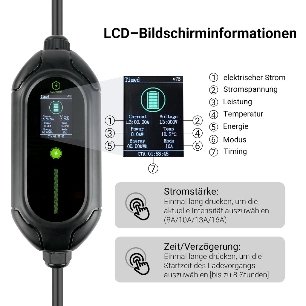 KLARGRID Mobile Wallbox/Ladestation 11kW [3-phasig|7m|6-16A] mit Einstellbarer Ladeleistung, Ladekabel CEE 16A auf Typ 2 und EV Ladegerät für Model Y/3, ID.3/4/5, MG4, EX30, e-up, e-tron, Zoe und andere EV